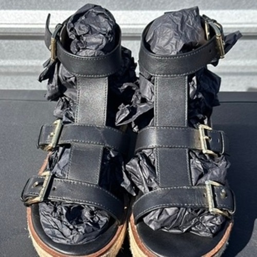 Michael Kors Black Leather Gladiator Espadrille Platform Sandals Gold Buckle - 7 - Picture 3 of 9